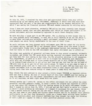 [Letter from Kenith L. Ballard to T. V. Learson - 1971-09-03]