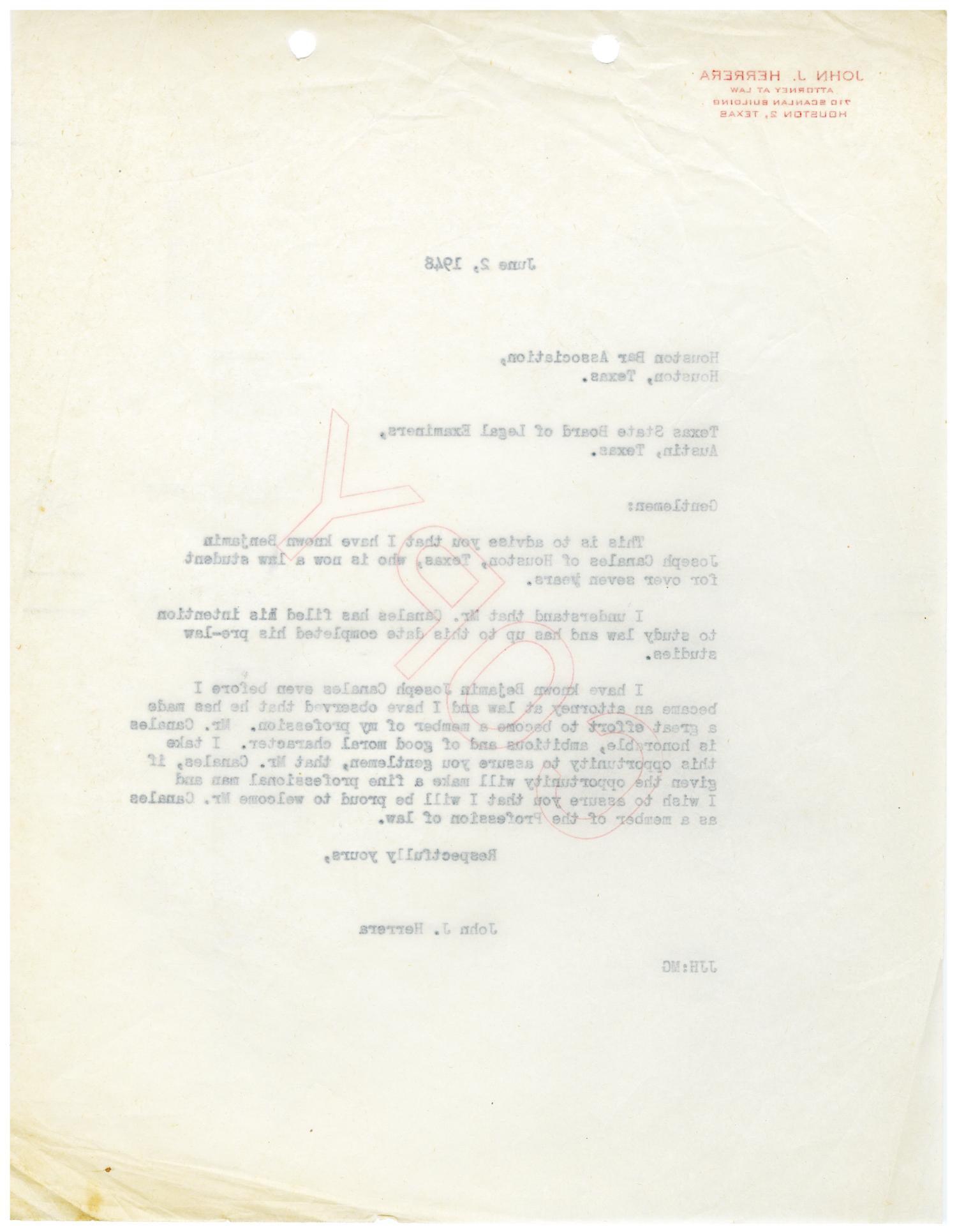 [Letter from John J. Herrera to the Houston Bar Association - 1948-06-02]
                                                
                                                    [Sequence #]: 2 of 2
                                                