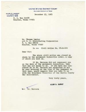 [Letter from Allen B. Hannay to Thomas Lanier - 1965-12-13]
