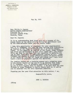 [Letter from John J. Herrera to Philip E. Sayers - 1961-05-24]