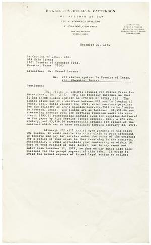 Primary view of object titled '[Letter from Sandra F. Stephens to Manuel Lozano of La Cronica of Texas, Inc. - 1974-11-27]'.
