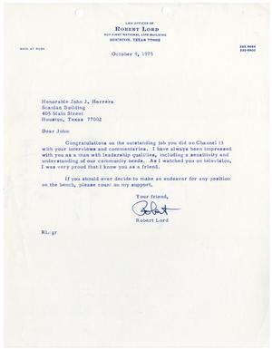 Primary view of [Letter from Robert Lord to John J. Herrera - 1975-10-09]