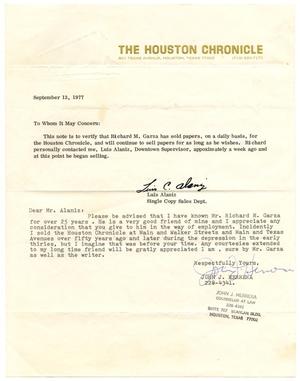 Primary view of object titled '[Correspondence between Luiz Alaniz and John J. Herrera - 1977-09-13]'.