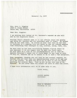 Primary view of object titled '[Letter from Jackie Magura to Anne J. Higgins - 1977-11-23]'.