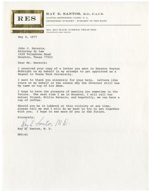 Primary view of object titled '[Letter from Ray E. Santos to John J. Herrera - 1977-05-04]'.