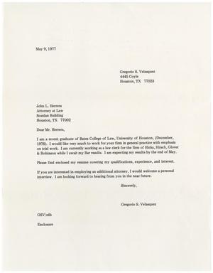 Primary view of object titled '[Letter from Gregorio S. Velasquez to John J. Herrera - 1977-05-09]'.