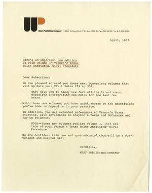 Primary view of object titled '[Letter from West Publishing Company regarding new book editions, April, 1977]'.