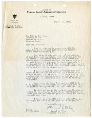 Primary view of object titled '[Letter from Manuel G. Vela to John J. Herrera - 1945-03-01]'.