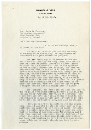 Primary view of object titled '[Letter from Manuel G. Vela to John J. Herrera - 1946-04-10]'.
