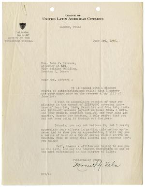 [Letter from Manuel G. Vela  to John J. Herrera - 1946-06-03]