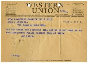 Primary view of object titled '[Telegram from Joe Garza to John J. Herrera - 1946-05-30]'.
