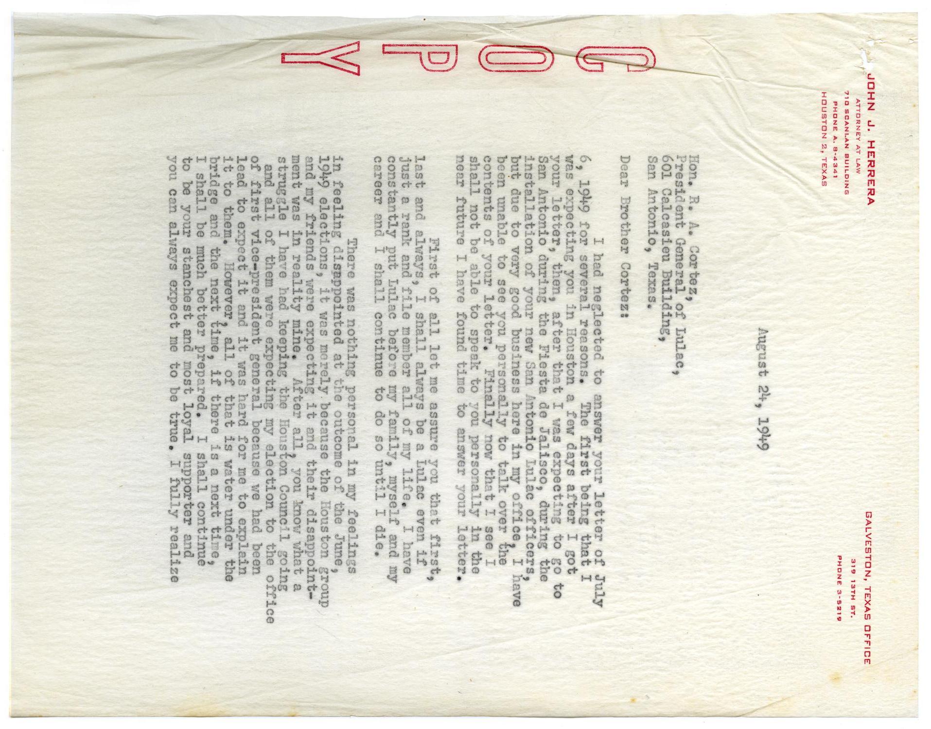 [Letter from John J. Herrera to Raoul A. Cortez - 1949-08-24]
                                                
                                                    [Sequence #]: 1 of 4
                                                