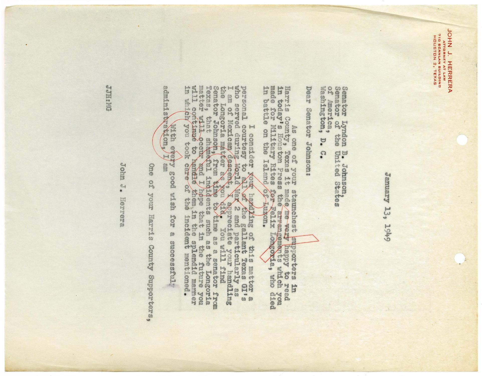 [Letter from John J. Herrera to Lyndon B. Johnson - 1949-01-13]
                                                
                                                    [Sequence #]: 1 of 2
                                                