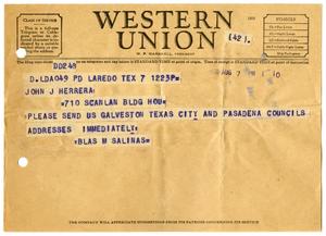 [Telegram from Blas M. Salinas to John J. Herrera - 1950-08-07]