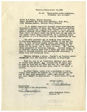 [Letter from D. D. Peck to Police Chief B. W. Payne, Mayor Oscar Holcombe, City Commissioners, and John J. Herrera - 1950-03-20]