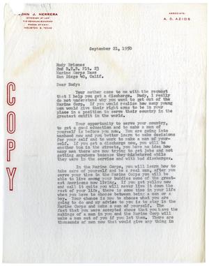Primary view of object titled '[Letter from John J. Herrera to Rudy M. Briones - 1950-09-21]'.