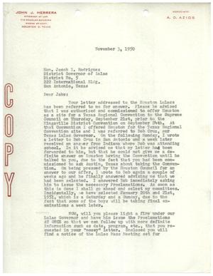 [Letter from John J. Herrera to Jacob I. Rodriguez - 1950-11-03]