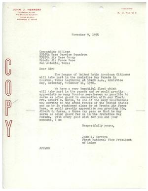 Primary view of object titled '[Letter from John J. Herrera to Commanding Officer 2595th Base Service Squadron - 1950-11-09]'.