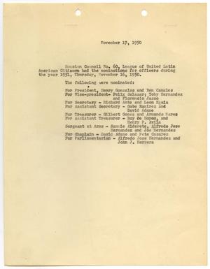 Primary view of object titled '[List of Officer Nominations for Houston LULAC Council Number Sixty - 1950-11-17]'.