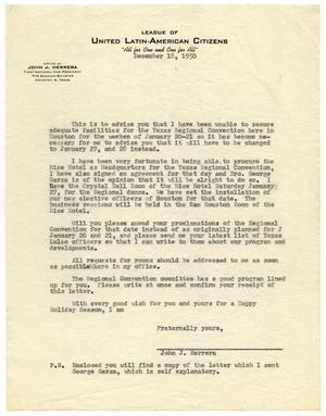 Primary view of object titled '[Letter from John J. Herrera re Texas Regional LULAC Convention - 1950-12-18]'.