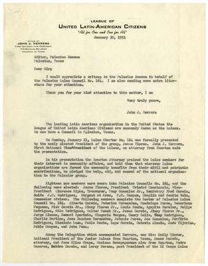 Primary view of object titled '[Letter from John J. Herrera to Editor, Palacios Beacon - 1951-01-30]'.