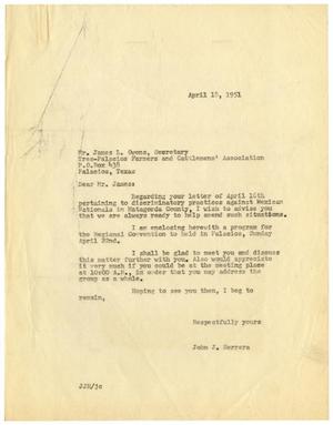 Primary view of object titled '[Letter from John J. Herrera to James L. Owens - 1951-04-18]'.