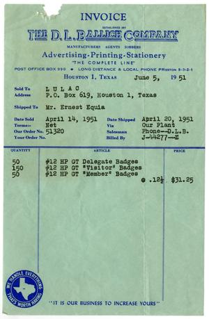 Primary view of object titled '[Invoice from The D. L. Ballich Company to LULAC - 1951-06-05]'.