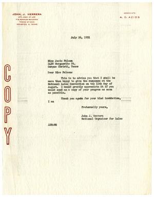Primary view of object titled '[Letter from John J. Herrera to Josie Falcon - 1951-07-26]'.