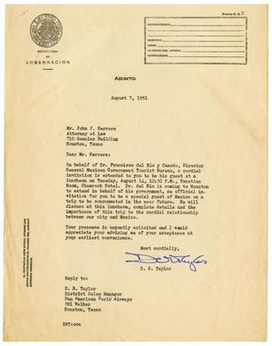 Primary view of object titled '[Letter from D. R. Taylor to John J. Herrera - 1951-08-07]'.