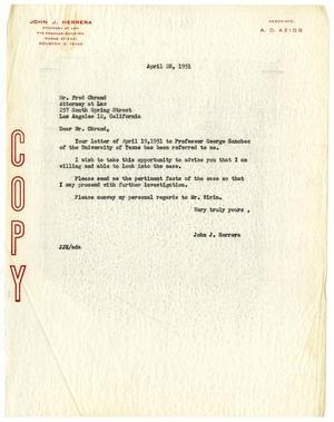 Primary view of object titled '[Letter from John J. Herrera to Fred Okrand - 1951-04-28]'.