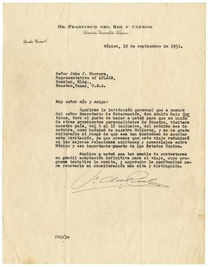 Primary view of object titled '[Letter from Dr. Francisco del Rio y Cañedo to John J. Herrera - 1951-09-19]'.