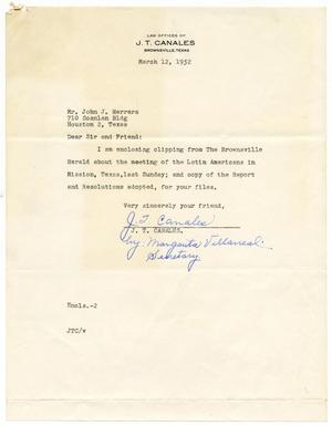 Primary view of object titled '[Letter from J. T. Canales to John J. Herrera - 1952-03-12]'.