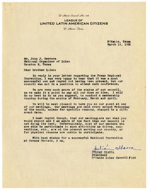 Primary view of object titled '[Letter from Julian Ibarra to John J. Herrera - 1952-03-14]'.
