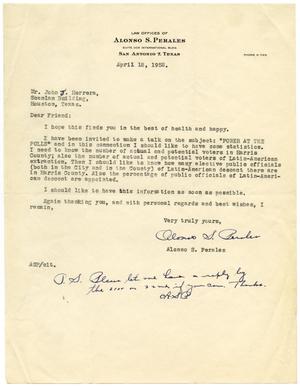 Primary view of object titled '[Letter from Alonso S. Perales to John J. Herrera - 1952-04-18]'.