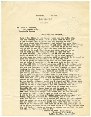 Primary view of object titled '[Letter from Julian Castillo to John J. Herrera - 1952-03-21]'.