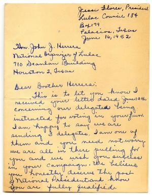 Primary view of object titled '[Letter from Jesse Flores to John J. Herrera - 1952-06-16]'.
