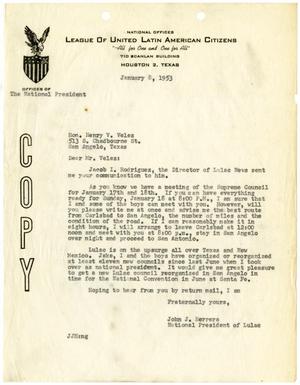 Primary view of object titled '[Letter from John J. Herrera to Henry V. Velez - 1953-01-08]'.