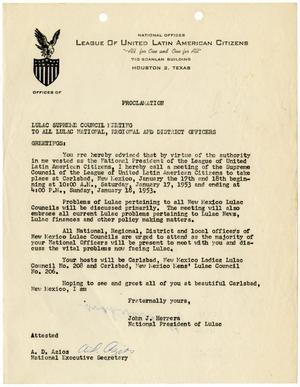 Primary view of object titled '[Proclamation by John J. Herrera to LULAC Officers - 1953]'.