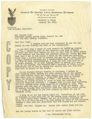 Primary view of object titled '[Letter from John J. Herrera to Mrs. Pomposo Vega - 1953-01-30]'.