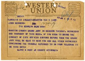 Primary view of object titled '[Telegram from Lloyd G. Rust, Jr., to John J. Herrera - 1953-01-05]'.