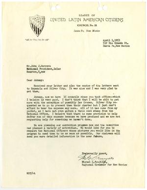 Primary view of object titled '[Letter from Miguel E. Trujillo to John J. Herrera - 1953-04-01]'.