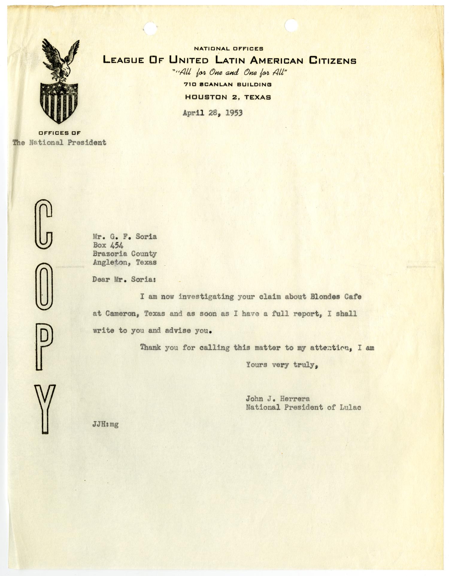 [Letter from John J. Herrera to G. F. Soria - 1953-04-28]
                                                
                                                    [Sequence #]: 1 of 2
                                                