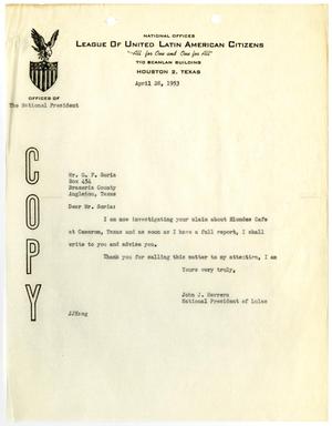 Primary view of object titled '[Letter from John J. Herrera to G. F. Soria - 1953-04-28]'.