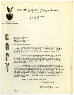 Primary view of object titled '[Letter from John J. Herrera to A. G. Betancourt - 1953-04-29]'.