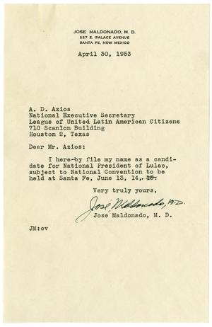 Primary view of object titled '[Letter from José Maldonado to A. D. Azios - 1953-04-30]'.