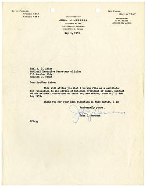 Primary view of object titled '[Letter from John J. Herrera to A. D. Azios - 1953-05-01]'.
