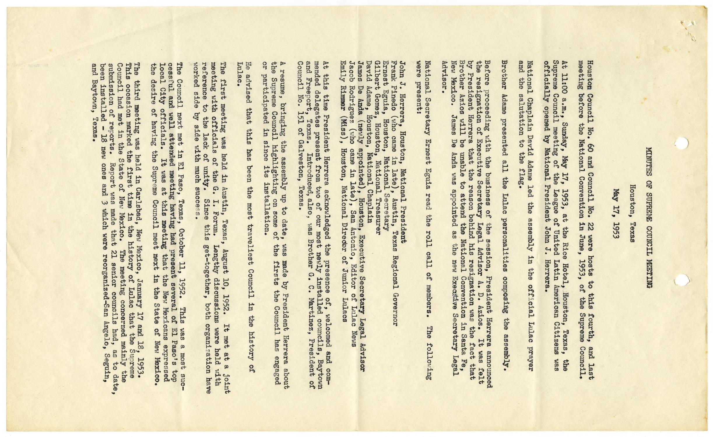 [Minutes from the LULAC Supreme Council Meeting - 1953-05-17]
                                                
                                                    [Sequence #]: 1 of 6
                                                