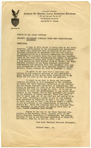 [Letter from Gilbert Gomez, Jr., to LULAC Councils - 1953]