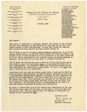[Letter from Ed Idar, Jr. to readers of American GI Forum News Bulletin - 1953-10]