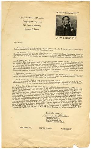 [Campaign letter for the re-election of John J. Herrera as LULAC National President from Campaign Headquarters - 1953]